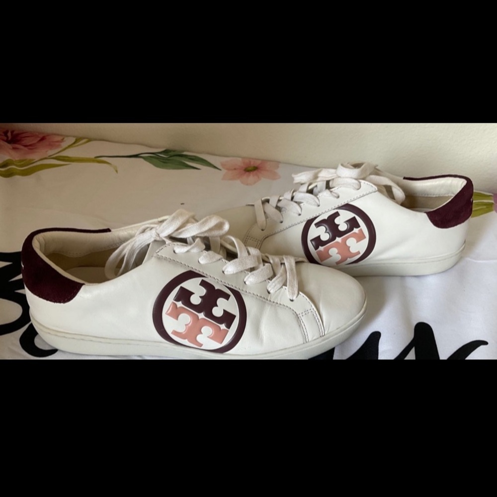 Tory Burch T-Logo Snow White Claret Leather Suede Sneaker SZ 10.5